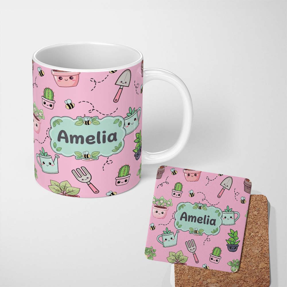 Personalized Custom Name Cute Kawaii Garden Tools Plants Bees Seamless Pattern Pink Lovely 11oz Ceramic Coffee Tea Mug White Large Handle