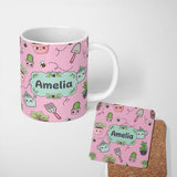 Personalized Custom Name Cute Kawaii Garden Tools Plants Bees Seamless Pattern Pink Lovely 11oz Ceramic Coffee Tea Mug White Large Handle