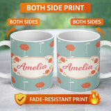 Personalized Custom Name Red Rose Minimal Pattern Blue Background Elegant Design Lovely 11oz Ceramic Coffee Tea Mug White Large Handle