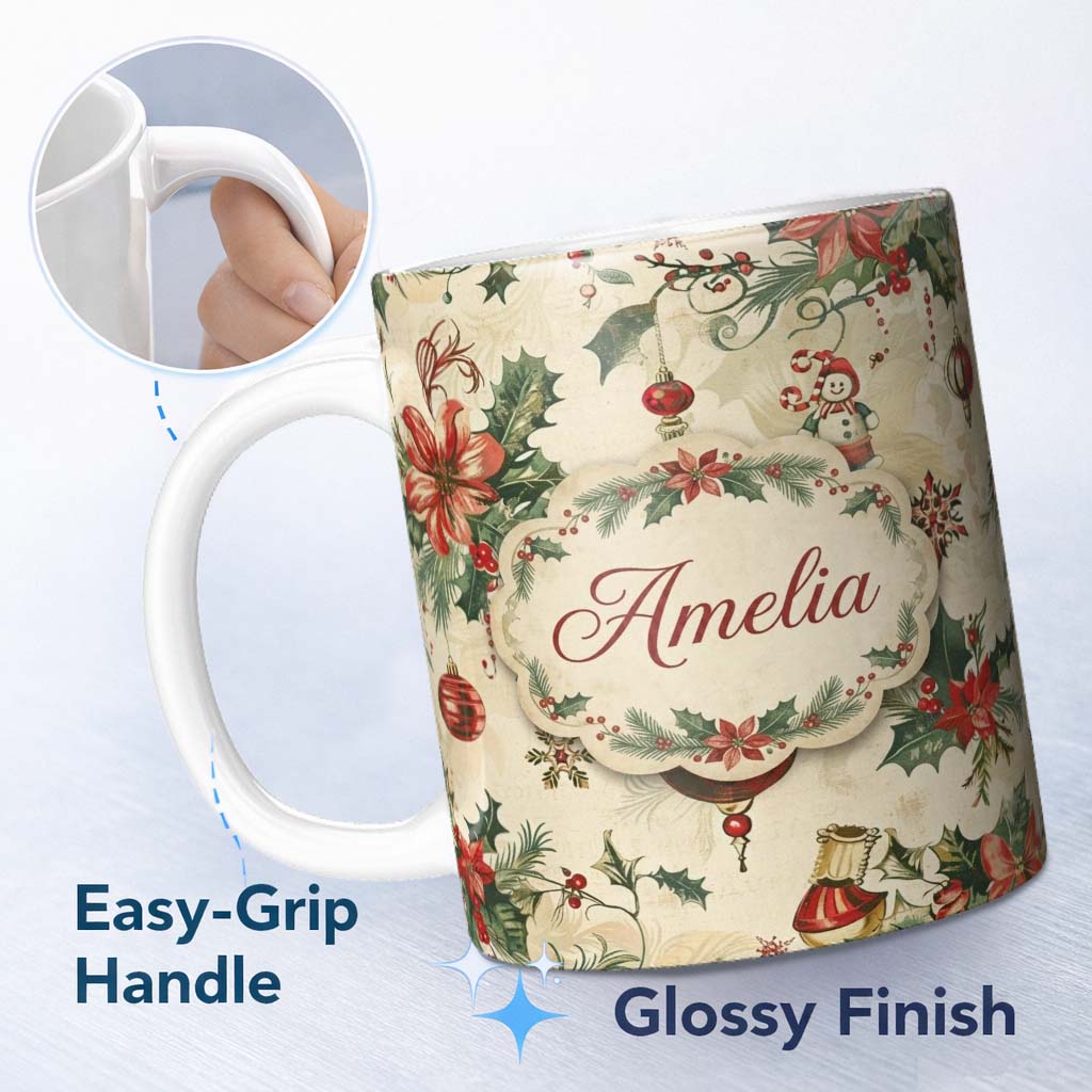 Personalized Custom Name Elegant Christmas Floral Holly Ornaments Snowflakes and Festive 11oz Ceramic Coffee Tea Mug White Large Handle
