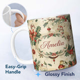 Personalized Custom Name Elegant Christmas Floral Holly Ornaments Snowflakes and Festive 11oz Ceramic Coffee Tea Mug White Large Handle