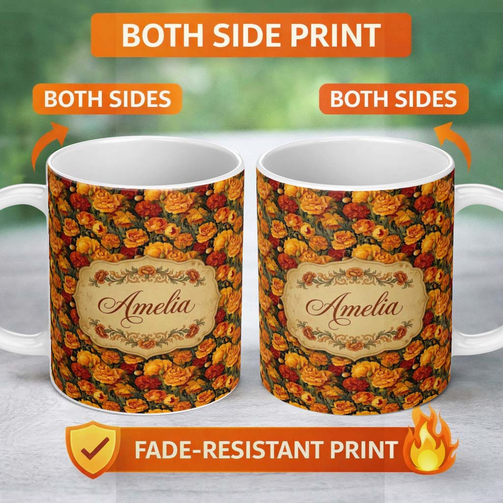 Personalized Custom Name Vintage Style Orange Chrysanthemum Floral Pattern on Warm Beige 11oz Ceramic Coffee Tea Mug White Large Handle