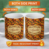 Personalized Custom Name Vintage Style Orange Chrysanthemum Floral Pattern on Warm Beige 11oz Ceramic Coffee Tea Mug White Large Handle
