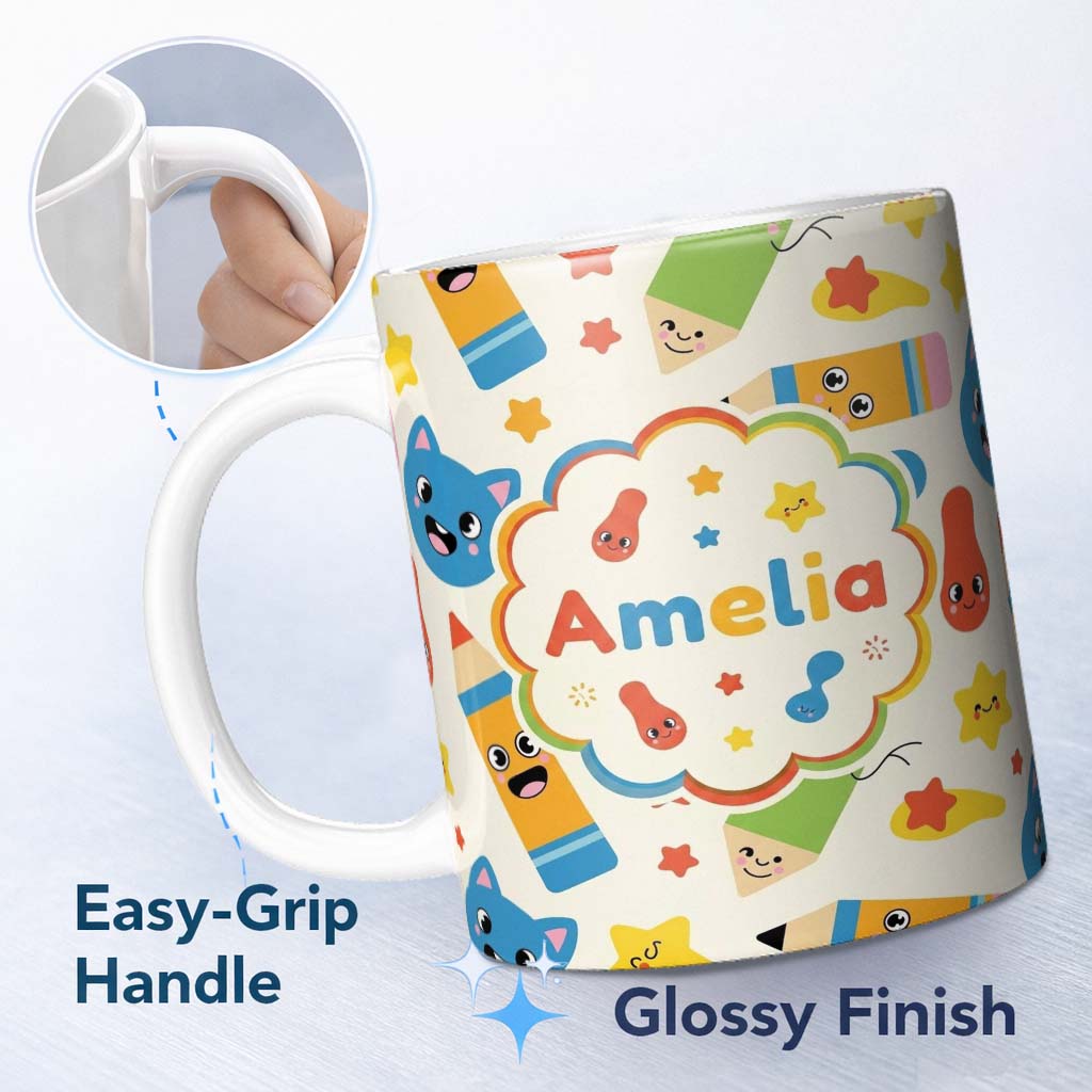 Personalized Custom Name Cute School Supplies Pencils Stars Kawaii Learning Seamless Pattern 11oz Ceramic Coffee Tea Mug White Large Handle