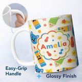Personalized Custom Name Cute School Supplies Pencils Stars Kawaii Learning Seamless Pattern 11oz Ceramic Coffee Tea Mug White Large Handle