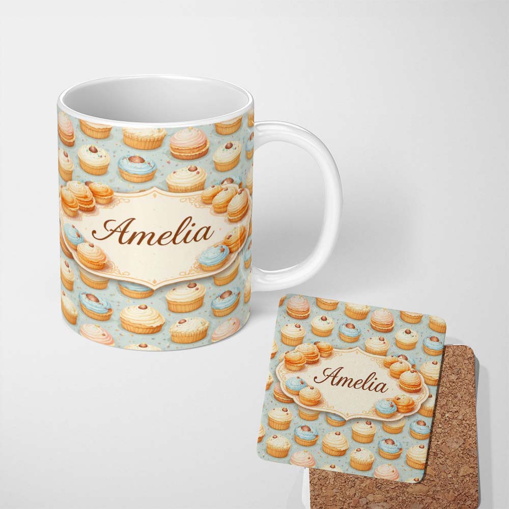 Personalized Custom Name Coffee Cream Bun Pastry Seamless Pattern Perfect Gift for Her Lovely 11oz Ceramic Coffee Tea Mug White Large Handle