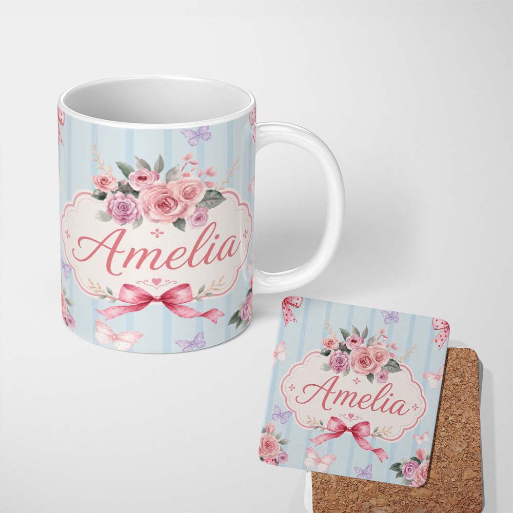 Personalized Custom Name Elegant Watercolor Rose Bouquet Ribbon Butterfly Soft Blue Stripe 11oz Ceramic Coffee Tea Mug White Large Handle
