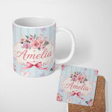 Personalized Custom Name Elegant Watercolor Rose Bouquet Ribbon Butterfly Soft Blue Stripe 11oz Ceramic Coffee Tea Mug White Large Handle