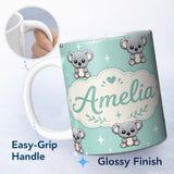 Personalized Custom Name Cute Koala Bears with Stars Mint Green Background Seamless Pattern 11oz Ceramic Coffee Tea Mug White Large Handle