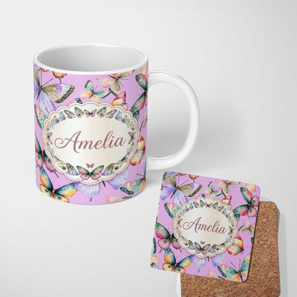 Personalized Custom Name Colorful Watercolor Butterflies on Lavender Background Seamless 11oz Ceramic Coffee Tea Mug White Large Handle