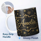 Personalized Custom Name Black Gold Snowflake Elegant Seamless Pattern Design Luxury Festive 11oz Ceramic Coffee Tea Mug White Large Handle