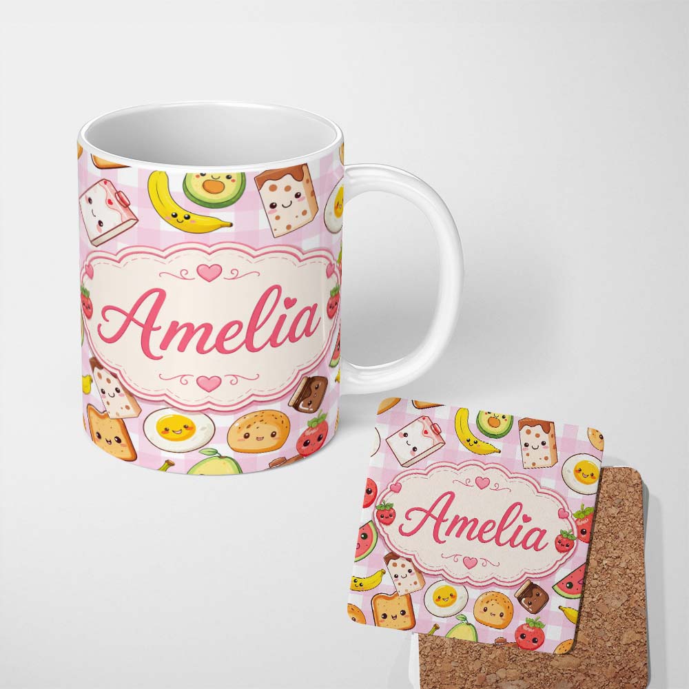 Personalized Custom Name Cute Kawaii Breakfast Food Seamless Pattern Pink Gingham Background 11oz Ceramic Coffee Tea Mug White Large Handle