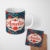 Personalized Custom Name Cute Poinsettia Candy Cane Star Seamless Pattern Festive Floral 11oz Ceramic Coffee Tea Mug White Large Handle