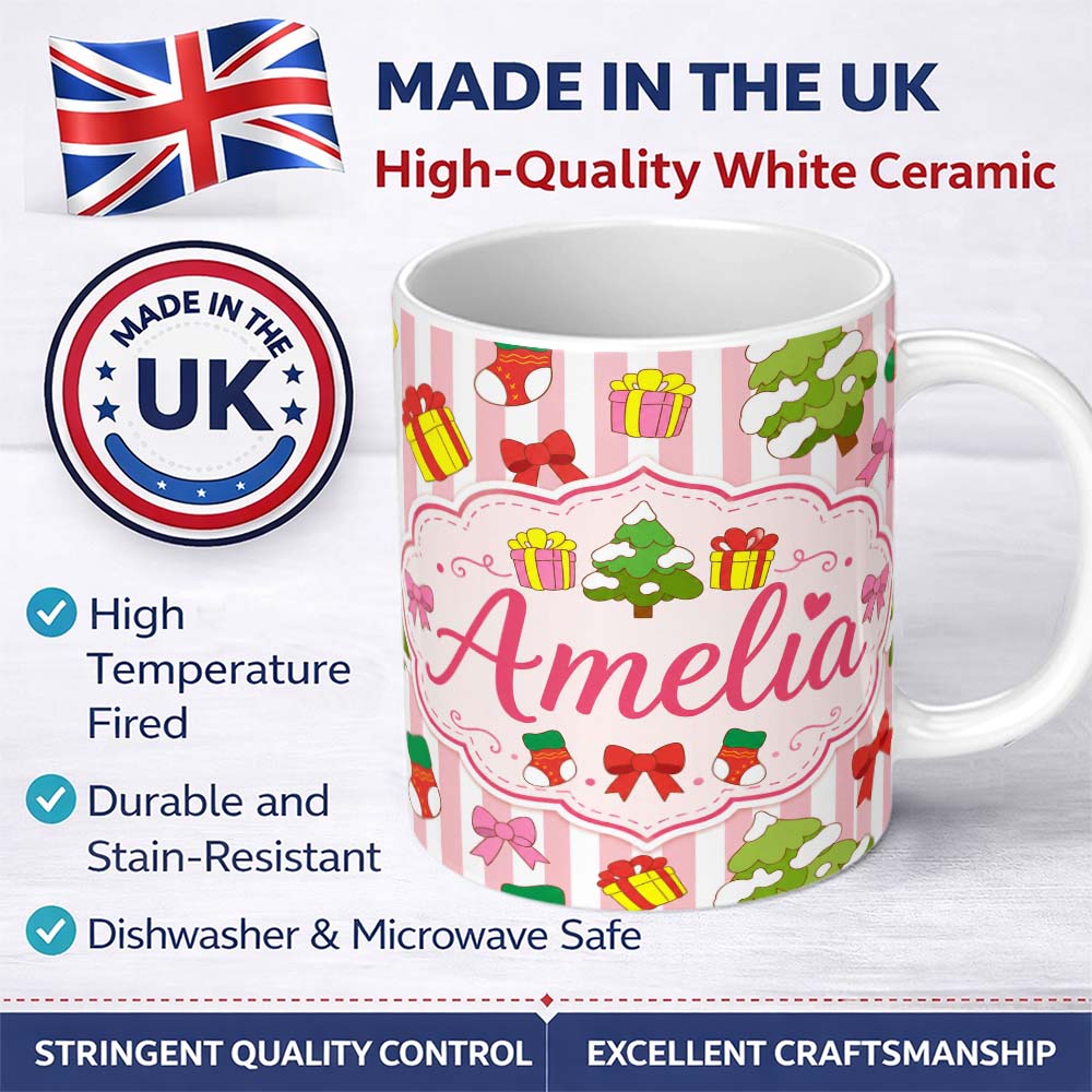 Personalized Custom Name Cute Christmas Gifts Stockings Tree Stripe Background Seamless 11oz Ceramic Coffee Tea Mug White Large Handle