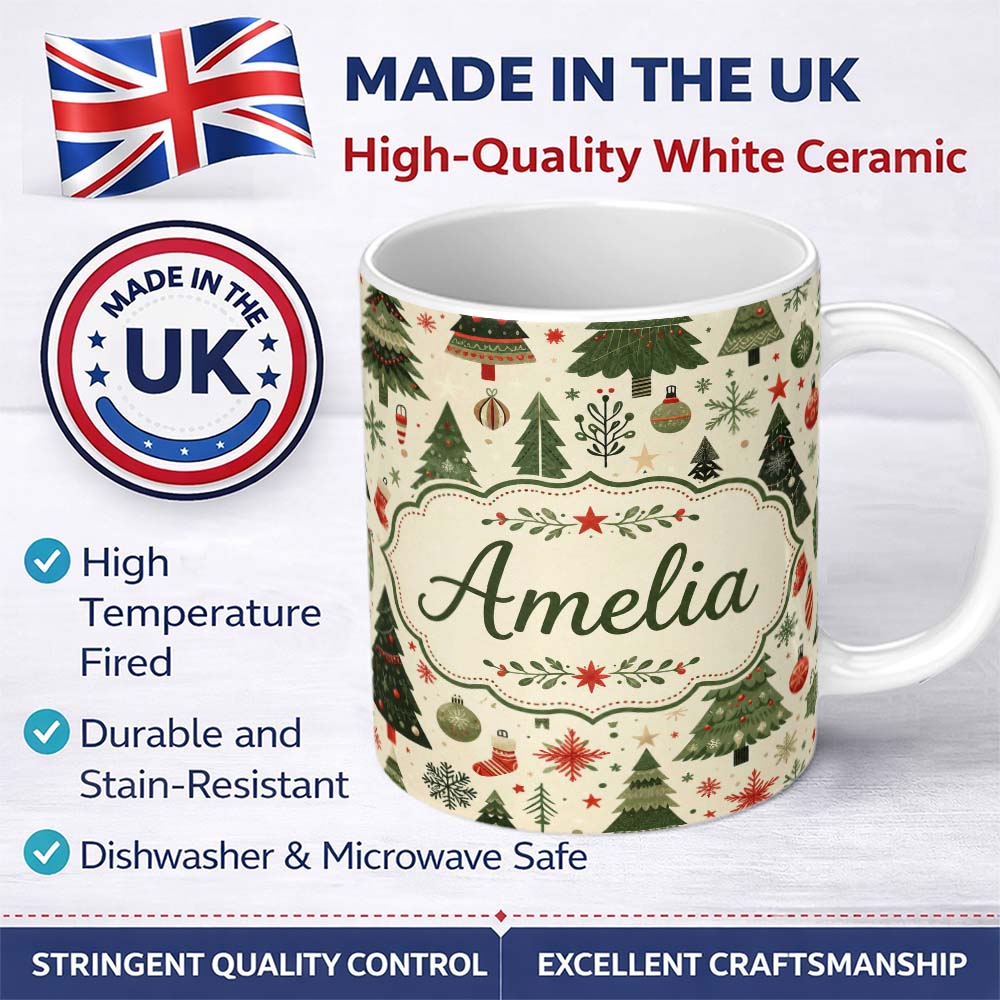 Personalized Custom Name Classic Christmas Tree Illustrations with Baubles Snowflakes and 11oz Ceramic Coffee Tea Mug White Large Handle