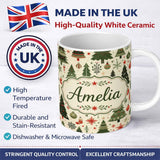 Personalized Custom Name Classic Christmas Tree Illustrations with Baubles Snowflakes and 11oz Ceramic Coffee Tea Mug White Large Handle