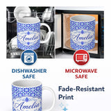 Personalized Custom Name Blue Kaleidoscope Floral Tile Seamless Pattern Symmetrical Geometric 11oz Ceramic Coffee Tea Mug White Large Handle