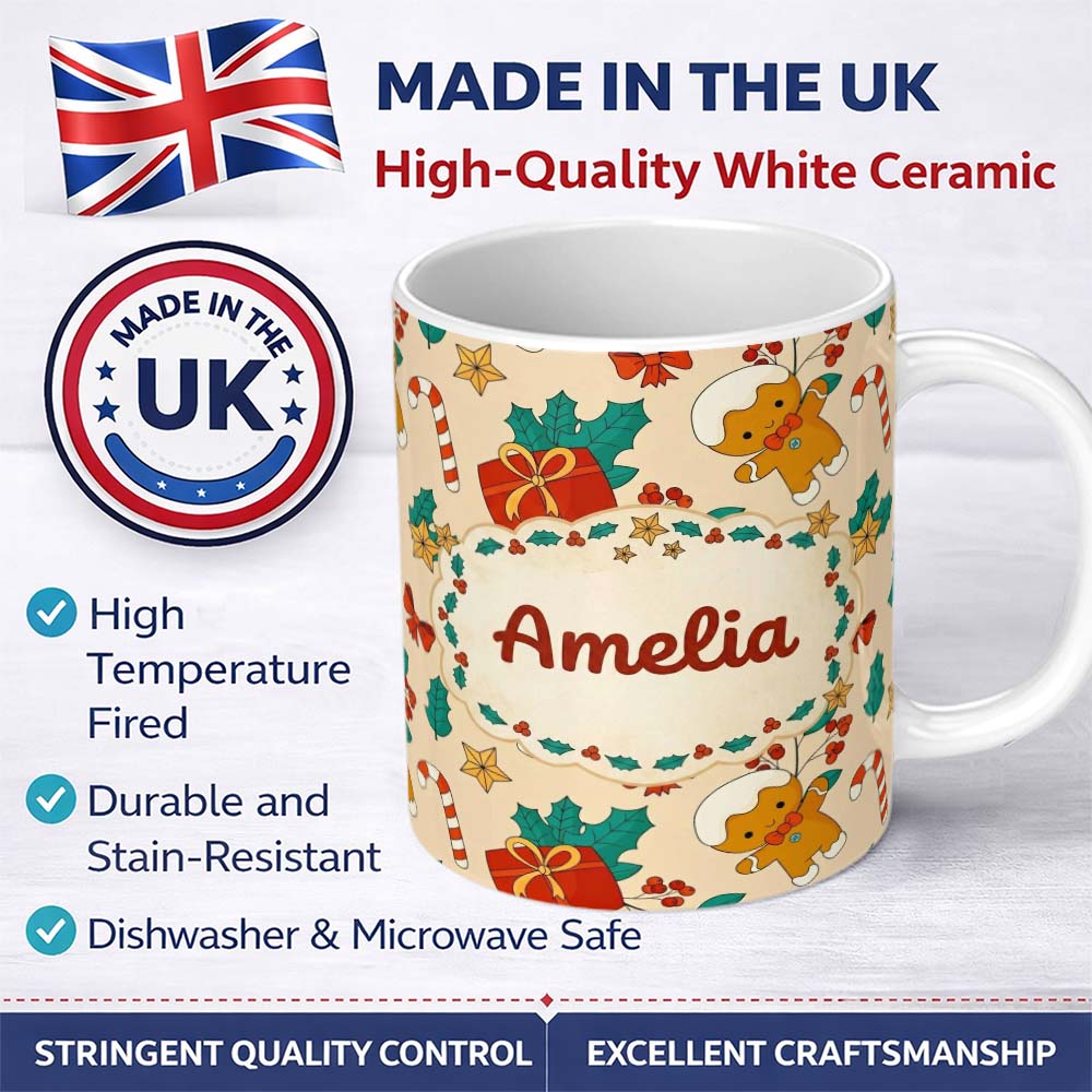Personalized Custom Name Cute Gingerbread Candy Cane Gift Seamless Pattern Design Sweet 11oz Ceramic Coffee Tea Mug White Large Handle