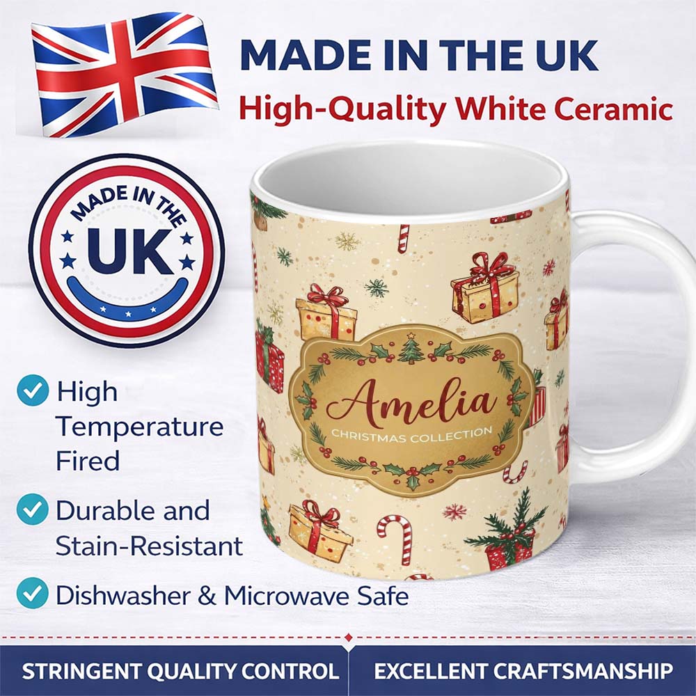 Personalized Custom Name Christmas Tree Candy Cane Gift Box Snowflakes Seamless Pattern 11oz Ceramic Coffee Tea Mug White Large Handle