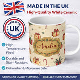 Personalized Custom Name Christmas Tree Candy Cane Gift Box Snowflakes Seamless Pattern 11oz Ceramic Coffee Tea Mug White Large Handle