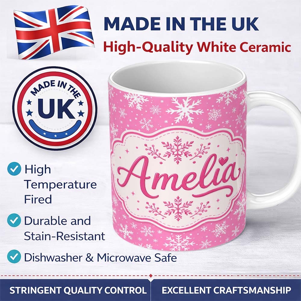 Personalized Custom Name Pink Snowflakes Winter Seamless Pattern Thoughtful Gift Idea Lovely 11oz Ceramic Coffee Tea Mug White Large Handle