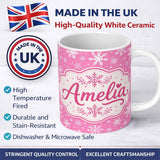 Personalized Custom Name Pink Snowflakes Winter Seamless Pattern Thoughtful Gift Idea Lovely 11oz Ceramic Coffee Tea Mug White Large Handle