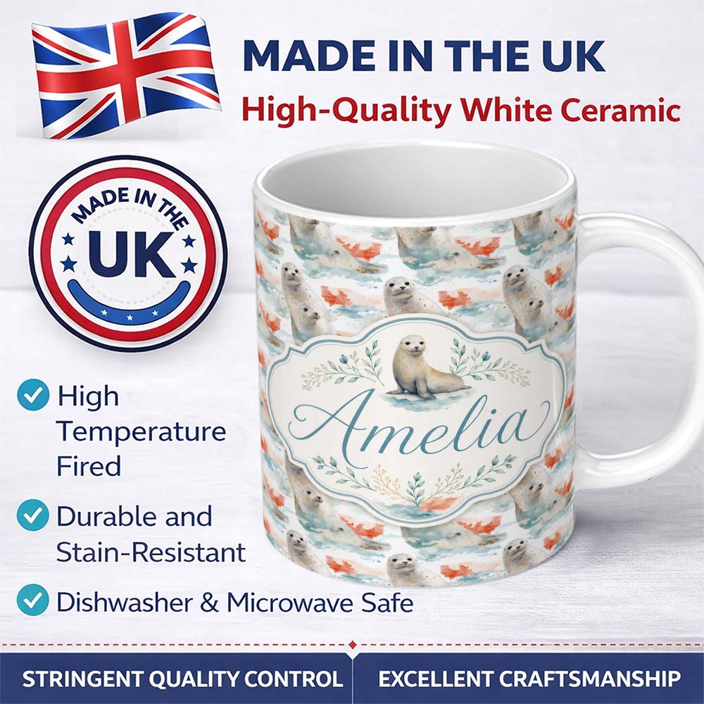 Personalized Custom Name Watercolour Seal Pair with Soft Coral Splash Background Seamless 11oz Ceramic Coffee Tea Mug White Large Handle