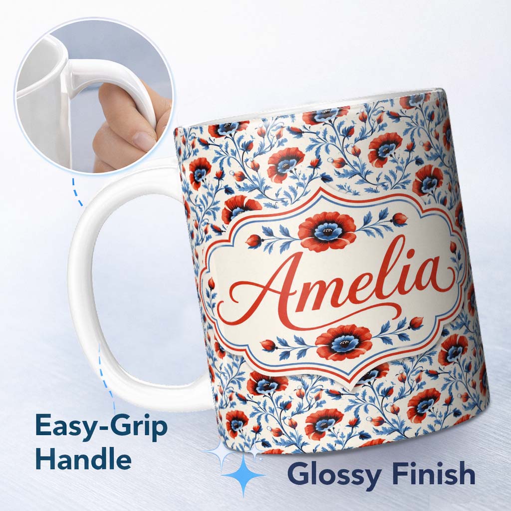 Personalized Custom Name Red and Blue Poppy Floral Pattern Elegant Botanical Seamless Design 11oz Ceramic Coffee Tea Mug White Large Handle