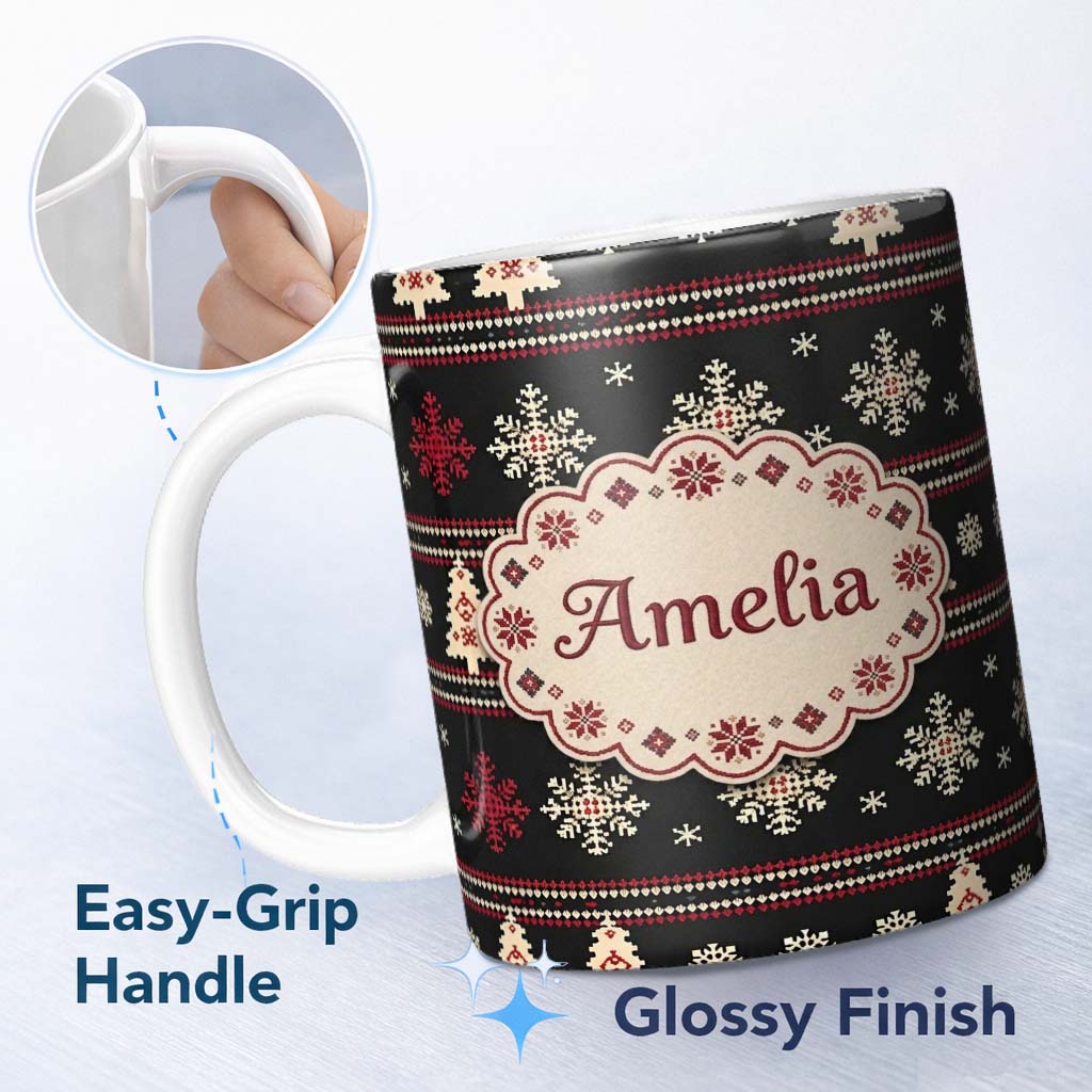 Personalized Custom Name Cute Nordic Snowflake Christmas Tree Pattern Winter Seamless Pattern 11oz Ceramic Coffee Tea Mug White Large Handle