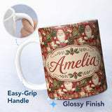 Personalized Custom Name Traditional Santa Holly Tree Red Christmas Festive Vintage Style 11oz Ceramic Coffee Tea Mug White Large Handle