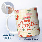 Personalized Custom Name Cute Cherry Fruit with Bow and Sprinkles Yellow Gingham Check Lovely 11oz Ceramic Coffee Tea Mug White Large Handle