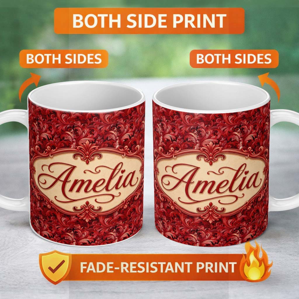 Personalized Custom Name Luxury Deep Red Ornamental Damask Pattern Seamless Pattern Lovely 11oz Ceramic Coffee Tea Mug White Large Handle