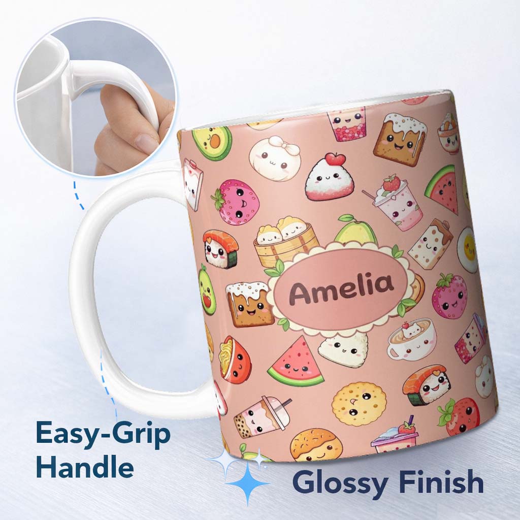 Personalized Custom Name Cute Kawaii Food Characters Seamless Pattern Peach Background Fun 11oz Ceramic Coffee Tea Mug White Large Handle