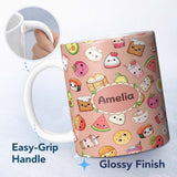 Personalized Custom Name Cute Kawaii Food Characters Seamless Pattern Peach Background Fun 11oz Ceramic Coffee Tea Mug White Large Handle