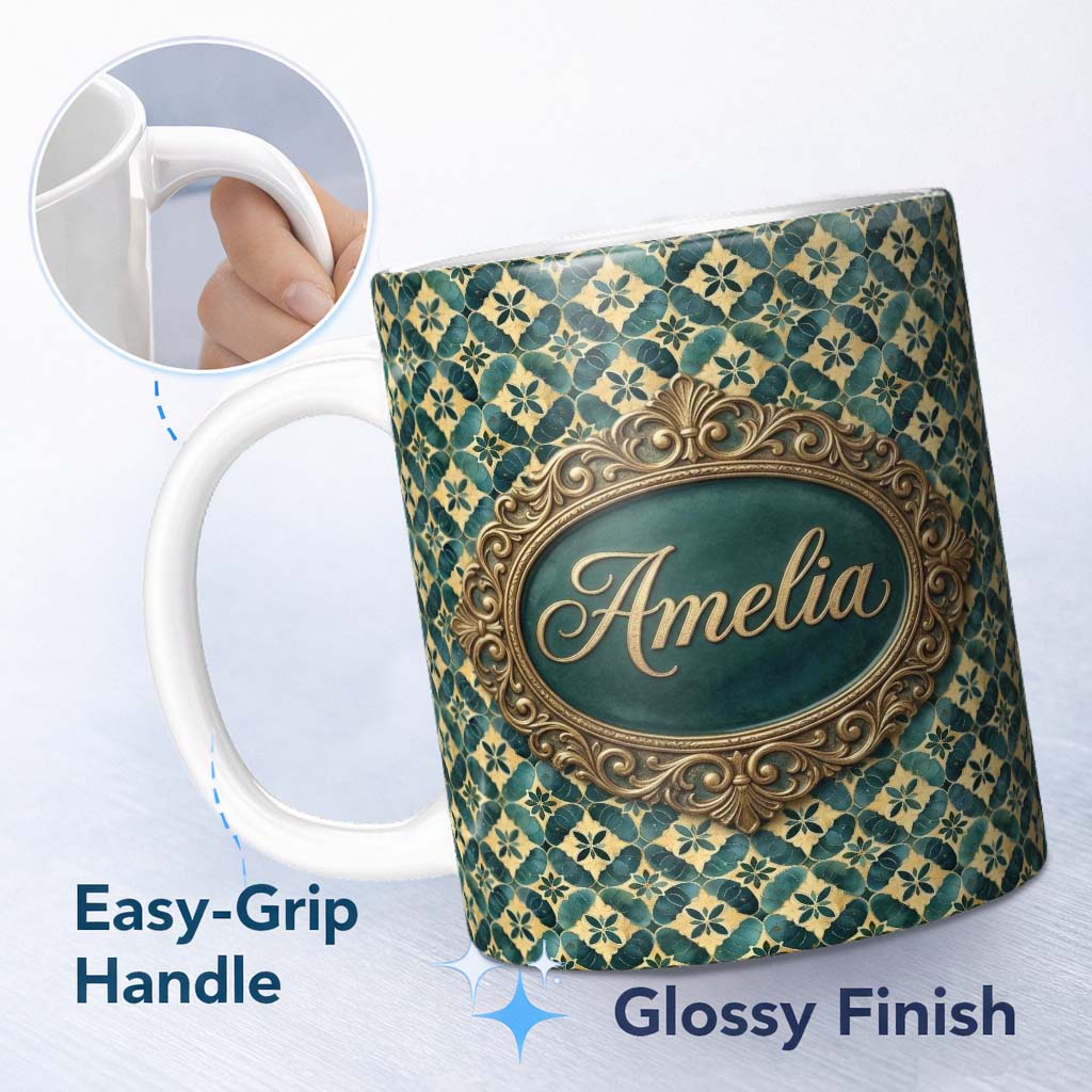 Personalized Custom Name Luxury Art Deco Tile Gold and Teal Geometric Seamless Pattern Lovely 11oz Ceramic Coffee Tea Mug White Large Handle