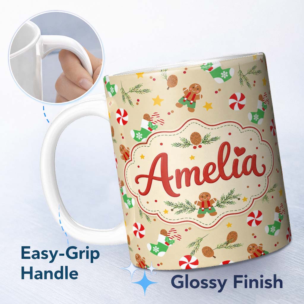 Personalized Custom Name Gingerbread Cookies Candy Cane Socks Pine Branch Festive Seamless 11oz Ceramic Coffee Tea Mug White Large Handle