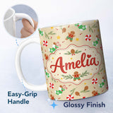 Personalized Custom Name Gingerbread Cookies Candy Cane Socks Pine Branch Festive Seamless 11oz Ceramic Coffee Tea Mug White Large Handle