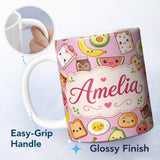 Personalized Custom Name Cute Kawaii Breakfast Food Seamless Pattern Light Pink Background 11oz Ceramic Coffee Tea Mug White Large Handle