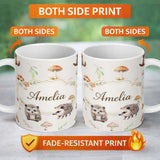 Personalized Custom Name Cute Woodland Hedgehog Mushrooms Leaves Seamless Soft Grey 11oz Ceramic Coffee Tea Mug White Large Handle