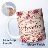Personalized Custom Name Vintage Burgundy Floral Bouquet Seamless Pattern on Soft Beige 11oz Ceramic Coffee Tea Mug White Large Handle