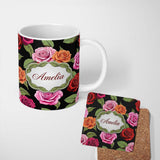 Personalized Custom Name Realistic Rose Flower Seamless Pattern Red Pink Floral Botanical 11oz Ceramic Coffee Tea Mug White Large Handle