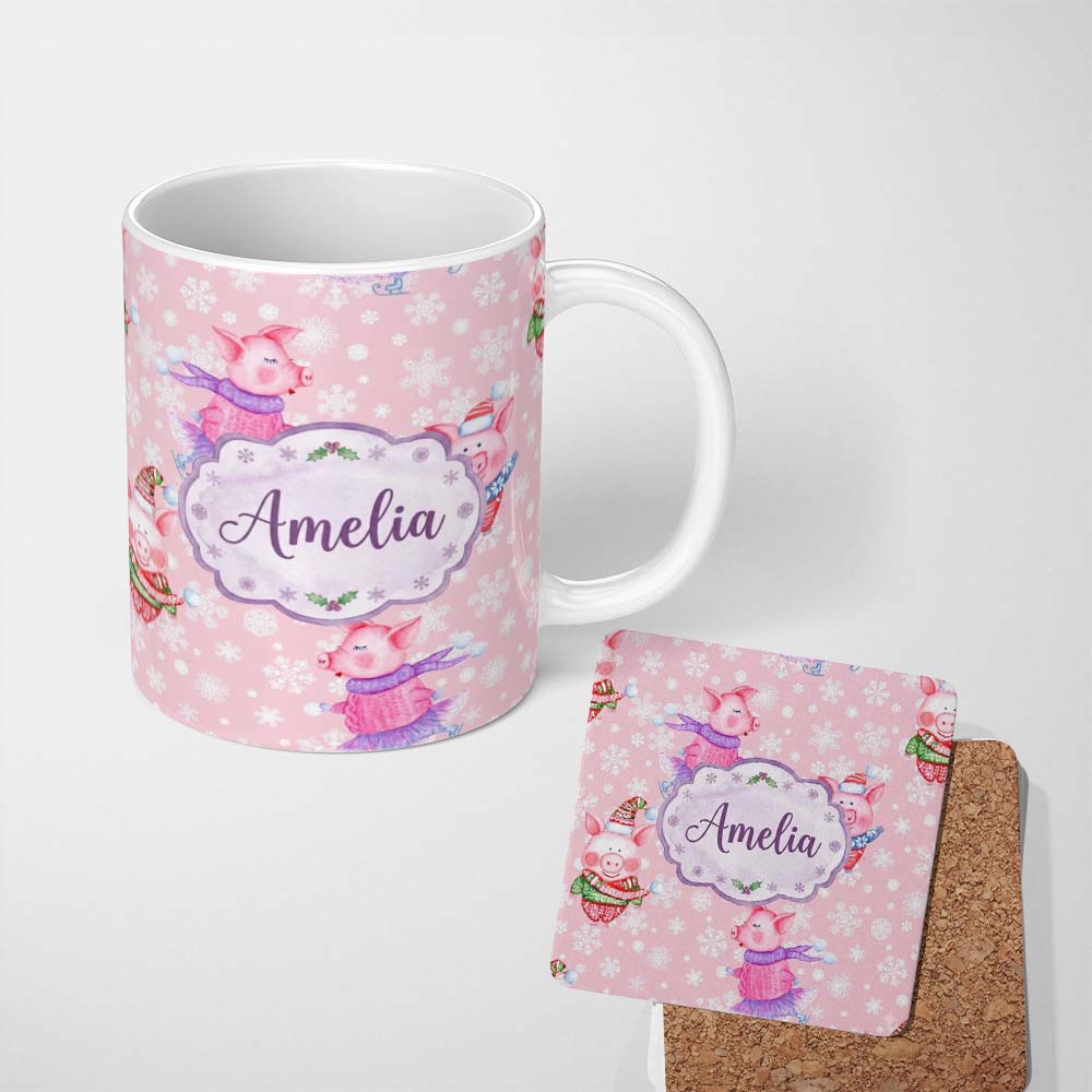 Personalized Custom Name Cute Winter Pig Ice Skating Snowflake Seamless Pattern Lovely 11oz Ceramic Coffee Tea Mug White Large Handle