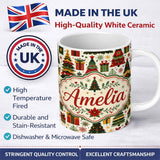 Personalized Custom Name Cute Christmas Tree Gift Holiday Festive Seamless Pattern Lovely 11oz Ceramic Coffee Tea Mug White Large Handle