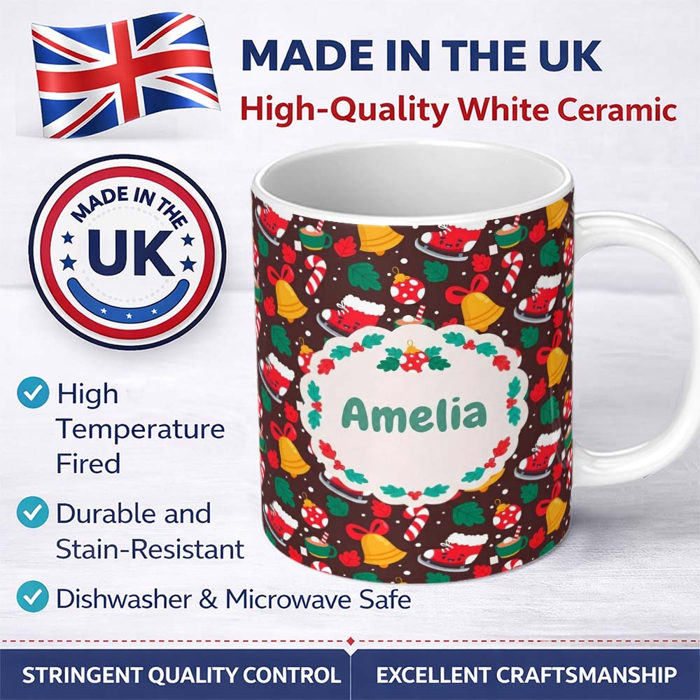 Personalized Custom Name Cute Christmas Bells Skates Candy Cane Seamless Pattern Winter 11oz Ceramic Coffee Tea Mug White Large Handle