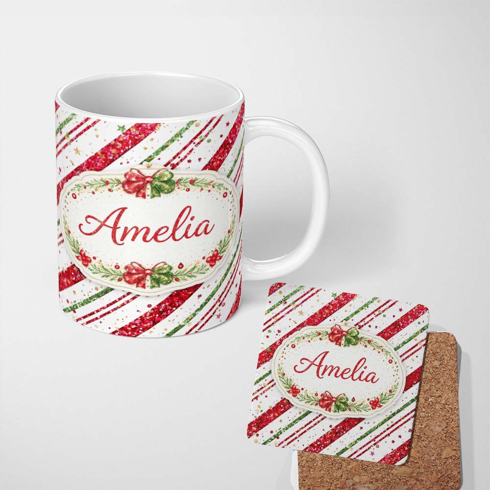 Personalized Custom Name Red Green Glitter Stripe Christmas Pattern Festive Seamless Design 11oz Ceramic Coffee Tea Mug White Large Handle