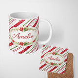 Personalized Custom Name Red Green Glitter Stripe Christmas Pattern Festive Seamless Design 11oz Ceramic Coffee Tea Mug White Large Handle