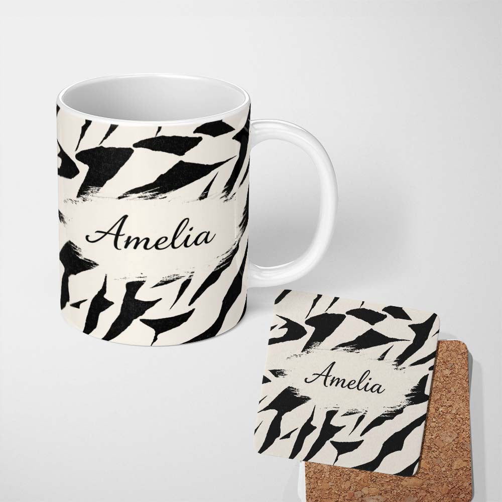 Personalized Custom Name Wavy Zebra Lines Black Cream Organic Stripe Pattern Cute Unique Gift 11oz Ceramic Coffee Tea Mug White Large Handle