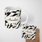 Personalized Custom Name Wavy Zebra Lines Black Cream Organic Stripe Pattern Cute Unique Gift 11oz Ceramic Coffee Tea Mug White Large Handle