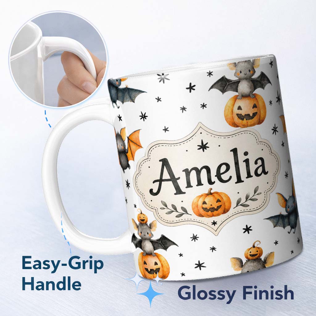 Personalized Custom Name Cute Halloween Bats Sitting on Pumpkins with Stars Grey Background 11oz Ceramic Coffee Tea Mug White Large Handle