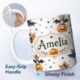 Personalized Custom Name Cute Halloween Bats Sitting on Pumpkins with Stars Grey Background 11oz Ceramic Coffee Tea Mug White Large Handle